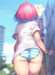  1girl 1girl 1girl accidental_exposure ahoge ass ass_focus back_of_the_thigh bangle bare_thighs blue_hair blue_highlights blue_sky blurry bracelet cameltoe city clothed_female clothes_pull clothing cloud cowboy_shot day depth_of_field female_only from_behind hair_intakes high_resolution highlights horizontal-striped_panties horizontal-striped_underwear horizontal_stripes idolmaster idolmaster jewelry large_ass light-skinned light-skinned_female medium_hair multicolored_hair no_pants no_skirt off-shoulder_shirt off_shoulder outside panties pink_hair public rukitsura shiny shiny_skin shirt short_hair short_sleeves skirt skirt_lift skirt_pull sky striped striped_panties striped_underwear t-shirt thick_thighs thighs two-tone_hair unaware underbutt underwear upskirt viewed_from_below walking wardrobe_malfunction white_shirt wide_hips wind yumemi_riamu ｔシャツ 