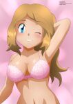  1girl alluring bare_shoulders belly big_breasts blonde_hair blue_eyes blush bra breasts female_only grin high_res high_resolution human human_only light-skinned_female light_skin long_hair looking_at_viewer nintendo one_eye_closed open_eyes open_mouth pokemon pokemon_xy serena_(pokemon) smile solo_female stomach teeth uncensored zel-sama 