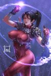  1girl 1girl abs absurd_res alluring armor athletic_female big_breasts bodysuit brown_eyes brown_hair covered_erect_nipples female_abs fingerless_gloves fit_female gloves high_res kunoichi looking_at_viewer ninja ponytail project_soul red_bodysuit scabbard sheath short_sword skin_tight soul_calibur soul_calibur_ii soul_calibur_iii soul_calibur_vi sword taki tomo_eokaiteru weapon 