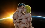 babe big_breasts black_hair blonde_hair breasts closed_eyes crazykong dc_comics earth female hair hand_on_head hugging justice_league kissing lipstick love male male/female muscle muscles muscular muscular_female muscular_male nipples nude outer_space power_girl short_hair space sun sunrise superman superman_(series)