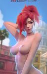  1girl 1girl 1girl 3d alternative_hair_color areola blender_(software) breasts female_only forceballfx havana_(map) high_resolution mercy_(overwatch) nipples nude overwatch red_hair 