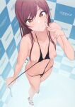  1girl 1girl 1girl bangs bikini bikini_pull black_bikini black_swimsuit blurry blush breasts brown_hair checkered checkered_background clavicle closed_mouth depth_of_field eyebrows_visible_through_hair feet foreshortening hand_gesture high_heels high_resolution hip_focus hips idolmaster long_hair looking_at_viewer looking_up medium_breasts micro_bikini navel nipples oosaki_amana open-toe_heels open_toe_shoes q_(ed69) sandals shoes smile sofmap_background standing step_and_repeat swept_bangs swimsuit the_idolm@ster:_shiny_colors thighs toes undressing v very_high_resolution viewed_from_above waist yellow_eyes 