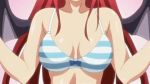  1girl animated animated_gif bouncing_breasts bra breast_expansion breasts bursting_breasts demon_girl demon_wings embarrassed fang hentai itadaki!_seieki large_breasts lowres nipples pointy_ears red_eyes red_hair setogaya_mari solo striped striped_bra succubus underwear wings 