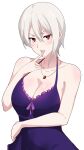 1girl absurd_res alluring asymmetrical_hair bangs bare_arms bare_shoulders big_breasts breasts cleavage dress female_only hair_between_eyes high_res jewelry licking licking_finger lizta looking_at_viewer nakiri_alice necklace open_mouth red_eyes shokugeki_no_souma short_dress short_hair simple_background solo_female teeth tongue tongue_out upper_body upper_teeth white_background white_hair