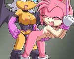  2_girls 2girls ambiguous_penetration amy_rose areolae bbmbbf bondage breasts cleavage corset doggy_position female female/female female_only furry lingerie looking_back mobius_unleashed nipples nude palcomix pussy rouge_the_bat sega sonic sonic_(series) sonic_the_hedgehog_(series) strap-on yuri 