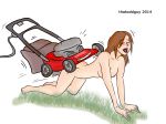 2014 all_fours appliance blush brown_hair closed_eyes doggy_position female from_behind grass hetero human lawnmower male mechaphilia nude outdoors personification sex thatoddguy what