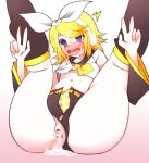  1girl aftersex ahegao anal anus ass blonde_hair blue_eyes cum cum_in_ass cum_in_pussy cum_pool cumdrip double_v folded gaping heart heart-shaped_pupils heart_eyes kagamine_rin legs_up niwakaame_(amayadori) panties pussy ribbon rin_kagamine solo spread_legs striped striped_panties symbol-shaped_pupils tears uncensored underwear v vocaloid 