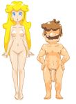  1boy 1girl artist_name blonde_hair blue_eyes breasts brown_hair commentary eyelashes facial_hair flaccid foreskin hands_on_hips height_difference large_penis lips long_hair looking_up male_pubic_hair mario mario_(series) minus8 mustache navel nipples nude parted_lips penis princess_peach pubic_hair pussy simple_background super_mario_bros. testicles uncensored white_background 