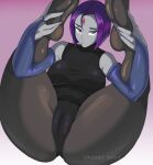  1girl 1girl 2022 blush cameltoe dc_comics dc_comics fat_pussy female_only green_skin kappa_spark leotard looking_at_viewer purple_hair purple_skin pussy rachel_roth raven_(dc) soles spread_legs stockings teen_titans thick_thighs 