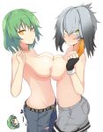  1girl 2_girls :/ anzuu ass asymmetrical_hair bangs bare_arms bare_shoulders belt black_hair blush breast_press breasts choker clavicle clenched_hand closed_mouth crossover duo embarrassed expressionless eyebrows_visible_through_hair female_only fingerless_gloves gloves green_eyes green_hair grey_shorts hair_between_eyes hand_up high_resolution hikage_(senran_kagura) hip_bones in_profile jitome kemono_friends looking_at_viewer low_ponytail medium_breasts medium_hair multicolored_hair multiple_girls nipples no_tail nose_blush open_fly open_pants orange_hair pants pantyhose pocket ponytail senran_kagura shoebill_(kemono_friends) short_hair shorts side_ponytail silver_hair simple_background slit_pupils standing stomach symmetrical_docking tied_hair topless torn_clothes torn_pants unbuckled_belt unbuttoned unzipped upper_body v white_background yellow_eyes yuri 