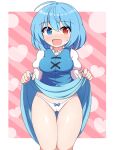  &lt;3 1girl 1girl 1girl bangs bangs_over_eyes blue_dress blue_eyes blue_hair blush bow bow_panties breasts cameltoe clothed clothes clothing dress dress_lift feet_out_of_frame female_only hair_between_eyes heart heterochromia human juliet_sleeves lifted_by_self looking_at_viewer open_mouth panties pussy red_eyes rizento short_hair simple_background smile striped_background sweat sweatdrop tatara_kogasa touhou touhou_project underwear white_panties 