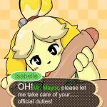  1boy 1girl animal_crossing animal_crossing_new_leaf animal_ears animated anthro bell blonde_hair blush canid canine canine_humanoid dog dog_ears doubutsu_no_mori english fellatio foreskin furry gif hair_bell hair_ornament hair_tie handjob huge_penis isabelle_(animal_crossing) jingle_bell large_penis licking loop mammal nintendo oral oral_sex penis ponytail pov secretary shih_tzu shizue_(doubutsu_no_mori) shogu_(shoguchime) solo_focus text thick_ass thick_legs thick_thighs topknot uncut yellow_fur 