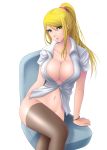  1girl alluring belly big_breasts blonde blonde_hair blue_eyes bottomless bracelet breasts chair cleavage green_eyes hair highres huge_breasts insanely_hot jewelry kuroma_(atapi) large_breasts latex legs_crossed long_hair looking_at_viewer metroid midriff naked_from_the_waist_down navel nintendo no_panties no_underwear open_clothes open_shirt ponytail samus_aran shirt sitting solo thighhighs unbuttoned 