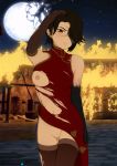  1girl black_hair breasts brown_eyes cinder_fall earrings exposed_breast female female_only hairless_pussy jewelry necromalock night night_sky no_bra no_panties nopan orange_eyes outside pussy rwby short_hair sky solo squeezing standing torn_clothes 