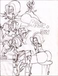 1girl 3boys a_kind_of_magic artist_request big_ass foursome huge_penis imminent_sex lifting_skirt masturbation monochrome penis_on_face size_difference sketch small_breasts veiny_penis willow willow_(a_kind_of_magic)