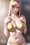  1girl alice_schuberg alluring bare_legs big_breasts bikini blonde_hair blue_eyes gold_bikini nightcore_(artist) shower sword_art_online wet 
