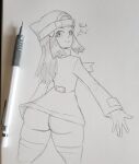  1girl ass dawn dawn_(pokemon) dialogue english_text game_freak hat long_hair looking_at_viewer looking_back mechanical_pencil monochrome nintendo pencil pokemon pokemon_diamond_pearl_&amp;_platinum protoscene stockings text traditional_art traditional_media_(artwork) 