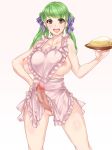  1girl apron artist_request bad_id breasts brown_eyes censored food futanari green_hair hair_ribbon large_breasts long_hair naked_apron nipples no_testicles open_mouth original penis plate pussy ribbon smile solo thighs twintails 