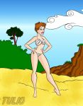  101_dalmatians anita_radcliffe babe beach bikini breasts brown_hair disney ear_rings female green_eyes legs lipstick tulio_(artist) woman 
