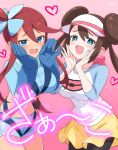  2_girls :d aqua_eyes big_breasts blue_eyes blue_gloves blush breasts brown_hair commentary_request creatures_(company) double_bun game_freak gloves gradient_background hair_bun heart high_res kamuraaa_615 long_hair multiple_girls navel nintendo open_mouth pink_background pokemon pokemon_bw pokemon_bw2 red_hair rosa_(pokemon) shorts skyla_(pokemon) smile teeth twin_tails upper_teeth_only visor_cap yellow_shorts 