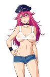  1girl breasts bulge choker cleavage cutoffs denim denim_shorts erect_nipples erection erection_under_clothes final_fight futanari hand_on_hip hat hinemosu_notari large_breasts long_hair midriff navel newhalf peaked_cap pink_hair poison_(final_fight) see-through shiny shiny_skin short_shorts shorts simple_background solo street_fighter sweat underboob white_background 