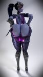 1girl alternate_ass_size ass backboob big_ass blizzard_entertainment blue_hair blue_skin blush bubble_butt buttplug casualmuffin dark_blue_hair female_only gasp hand_on_hip huge_ass large_ass looking_back open_mouth overwatch presenting_hindquarters rear_view ripped_clothing sexy sexy_ass sexy_body sexy_pose simple_background smelly_ass solo_female thick_ass thick_thighs white_background wide_hips widowmaker