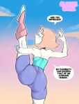  1girl 1girl 1girls ass big_ass big_ass blue_eyes blush cuddlecore female_only flexible gem_(species) leg_lift looking_at_viewer looking_back pearl_(steven_universe) solo_female solo_focus steven_universe stretching text text_bubble thick_thighs thighs white_body white_skin wide_hips 