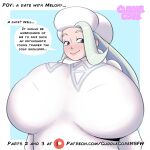  1girl 1girls 2024 2d_(artwork) big_breasts big_breasts bra_visible_through_clothes breasts_bigger_than_head breasts_focus clothed cuddlecore dialogue female_focus female_only gym_leader high_res high_res high_resolution huge_breasts massive_breasts melony_(pokemon) milf pokemon pokemon_ss pov sweater teasing text 