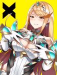  1girl alluring big_breasts blonde_hair blush cleavage cleavage_cutout clothing_cutout dress earrings embarrassed gem gloves high_res jewelry long_hair looking_at_viewer mythra nintendo paizuri_invitation smile swept_bangs tiara white_dress white_gloves xenoblade_(series) xenoblade_chronicles_2 yellow_background yellow_eyes yuuki_shin 
