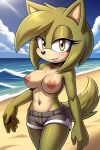  ai_generated beach breasts green_fur mobian_(species) mobians.ai nipples nuggeto oc sea seaside sega shorts sonic_oc sonic_the_hedgehog_(series) tail topless topless_female yellow_eyes 