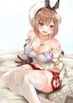 1girl 1girl atelier_(series) atelier_ryza bare_shoulders big_breasts big_breasts blush breasts brown_eyes brown_gloves brown_hair cleavage clothed_female collarbone eyebrows_visible_through_hair female_focus female_only gloves hair_ornament hairclip hat high_res jewelry konka looking_at_viewer midriff navel necklace off_shoulder red_shorts reisalin_stout short_hair short_shorts shorts single_glove sitting solo_female solo_focus star tagme teen teeth upper_teeth video_game_character video_game_franchise white_headwear white_legwear