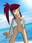 1girl ass beach breasts disney female_only grimphantom looking_back morgan_(randy_cunningham) nude ocean photo_background ponytail purple_hair randy_cunningham:_9th_grade_ninja scowl solo