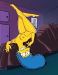  blue_hair breasts completely_nude disgruntled_elemental long_hair marge_simpson naughty_face nipples on_bed room the_simpsons yellow_skin 