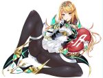  1girl alluring armor big_breasts black_pantyhose blonde_hair blush commentary_request earrings gem gloves headpiece high_res jewelry long_hair mythra_(massive_melee)_(xenoblade) mythranintendo nintendo panties panties_under_pantyhose pantyhose pillow pussy sleeveless swept_bangs thigh_strap tiara underwear xenoblade_(series) xenoblade_chronicles_2 yellow_eyes yuuki_shin 