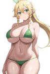 1girl 1girl absurd_res alluring big_breasts bikini blonde_hair green_eyes high_res hips jasony leafa light-skinned_female light_skin long_hair pointy_ears ponytail simple_background sword_art_online thick_thighs thighs wide_hips 