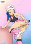  1girl anal anal_insertion ass bare_shoulders bbmbbf blue_eyes blue_hair blush boots creatures_(company) dawn_(pokemon) dildo dildos double_insertion female female_human female_only game_freak hat hikari_(pokemon) human humans_of_pokemon long_blue_hair long_hair nintendo one_eye_closed palcomix panties panties_aside pokemon pokemon_(anime) pokemon_(game) pokemon_black_and_white pokemon_bw pokemon_dppt pokepornlive sex_toy skirt sleeveless solo standing standing_on_one_leg upskirt vaginal vaginal_insertion 