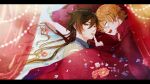 2boys duo flower genshin_impact gf_gnsn hand_in_another&#039;s_hair looking_at_viewer male male_focus male_only on_bed quiet_gesture red_blanket shhh sleeping tartaglia_(genshin_impact) twitter yaoi zhongli_(genshin_impact)