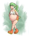 1female 1girl abstract_background backpack belly_expansion belly_stuffing big_breasts breasts brown_eyes dinosaur_girl earrings female_only front full_body genderswap green_hair green_tail huge_breasts light-skinned_female light_skin mario_(series) nintendo orange_shoes orange_shorts ponytail saf-404 saf_404 safartwoks safartworks tail thick_thighs tongue_out walking white_background yoshi