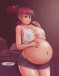 1girl abstract_background belly belly_stuffing big_belly big_breasts breasts cleavage female_only foster&#039;s_home_for_imaginary_friends frankie_foster hand_on_belly huge_breasts human inside light-skinned_female purple_shorts red_background red_eyes red_hair redhead saf-404 saf_404 safartwoks safartworks solo_female stuffed stuffed_belly stuffing
