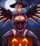  1girl absurd_res alternate_costume big_breasts blonde_hair blue_eyes breasts city_background cleavage female_only femoral_only flowerxl halloween hat high_res jack-o&#039;-lantern mercy_(overwatch) moonlight night overwatch panties purple_lips spread_legs stockings underwear video_game_character wings_through_clothes witch witch_hat witch_mercy 
