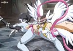  2girls angel angel_and_devil angewomon arm arms art ass ass_grab babe back bare_legs bare_shoulders blonde blonde_hair breasts checkered checkered_floor demon_girl digimon female girl_on_top grey_skin hair ladydevimon legs long_hair lying moaning monster_girl multiple_girls nipples nude on_stomach open_mouth outstretched_arm pale_skin pussy sideboob spread_legs spread_pussy stairs tongue tongue_out white_hair wings yuri 