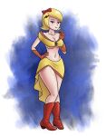 1female 1girl bandai_namco big_breasts blonde blonde_hair boots breasts brown_eyes feet female_only fitness full_body hand_on_hip huge_breasts humanized light-skinned_female light_skin looking_at_another ms_pac-man namco orange_gloves pac-man pac-man_(series) purple_eyebrows red_boots ribbon saf-404 saf_404 safartwoks safartworks short_hair side_view skirt solo_female solo_focus standing stockings video_game_character yellow_skirt yellow_top