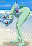  1_girl 1girl ass barefoot beach bent_over breast_grab breasts digihentai digimon digimon_frontier female looking_at_viewer monster_girl palcomix ranamon red_eyes smile solo toes 