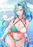 1girl alluring alternate_costume alternate_hairstyle big_breasts bikini blue_hair bow braid chloe_(fire_emblem) cleavage creature fire_emblem fire_emblem_engage green_eyes hair_bow high_res long_hair navel nintendo open_mouth orange_bow ponytail pool pool_ladder revolverwingstudios smile sommie_(fire_emblem) stomach swimming_pool swimsuit very_long_hair water wet