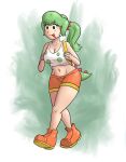 1female 1girl abstract_background backpack big_breasts breasts brown_eyes dinosaur_girl earrings female female_only front full_body genderswap green_hair green_tail huge_breasts light-skinned_female light_skin mario_(series) nintendo orange_shoes orange_shorts ponytail saf-404 saf_404 safartwoks safartworks tail thick_thighs tongue_out walking white_background yoshi