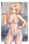  1girl absurd_res artist_logo big_breasts blizzard_(company) blonde_hair blue_eyes bra breasts cleft_of_venus collarbone deviantart_username flowerxl groin hand_on_own_hip high_res holding holding_syringe hospital indoors jewelry legs legwear_garter long_hair looking_at_viewer medical mercy_(overwatch) navel necklace overwatch panties portrait_format revealing_clothes see-through see-through_skirt shorts skirt standing stockings swiss syringe thick_thighs thighs toned toned_female underwear video_game_character white_bra white_shorts white_skirt white_thighhighs 