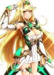 1girl alluring bare_shoulders big_breasts blonde_hair chest_jewel circlet cleavage cleavage_cutout closed_mouth clothing_cutout dress earrings elbow_gloves gloves glowing high_res jewelry long_hair mythra nintendo smile swept_bangs to_(tototo_tk) white_dress white_gloves xenoblade_(series) xenoblade_chronicles_2 yellow_eyes