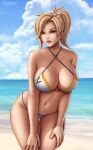  1girl 1girls artist_name ass_visible_through_thighs beach big_breasts bikini blonde_hair breasts cleavage cropped_legs daytime deviantart_username female_focus female_only flowerxl hands_on_thighs large_breasts legs_together looking_at_viewer mercy_(overwatch) navel overwatch ponytail seductive_look standing thick_thighs thigh_gap thighs video_game_character white_bikini 