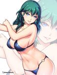  1girl 1girl 1girl alluring alternate_costume big_breasts big_breasts bikini blue_bikini blue_eyes blue_swimsuit byleth_(fire_emblem) byleth_(fire_emblem)_(female) cleavage etchimune female_only fire_emblem fire_emblem:_three_houses grin light-skinned_female light_skin nintendo sideboob swimsuit teal_hair twitter_username two_piece_swimsuit 