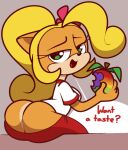 1girl activision anthro ass bandicoot blonde_hair breasts clothing coco_bandicoot crash_bandicoot_(series) dat_ass dialogue english_text female food fruit green_eyes hair mammal marsupial open_mouth orange_body plant ponytail simple_background sitting solo speech_bubble text vilepluff